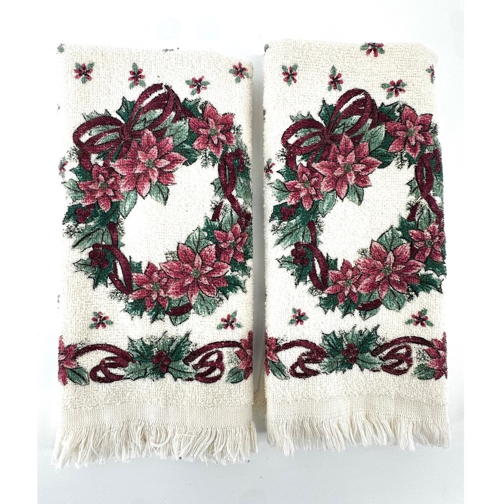 Vintage Christmas Poinsettia Wreath Hand Towels Set of 2 Fringe Made in USA